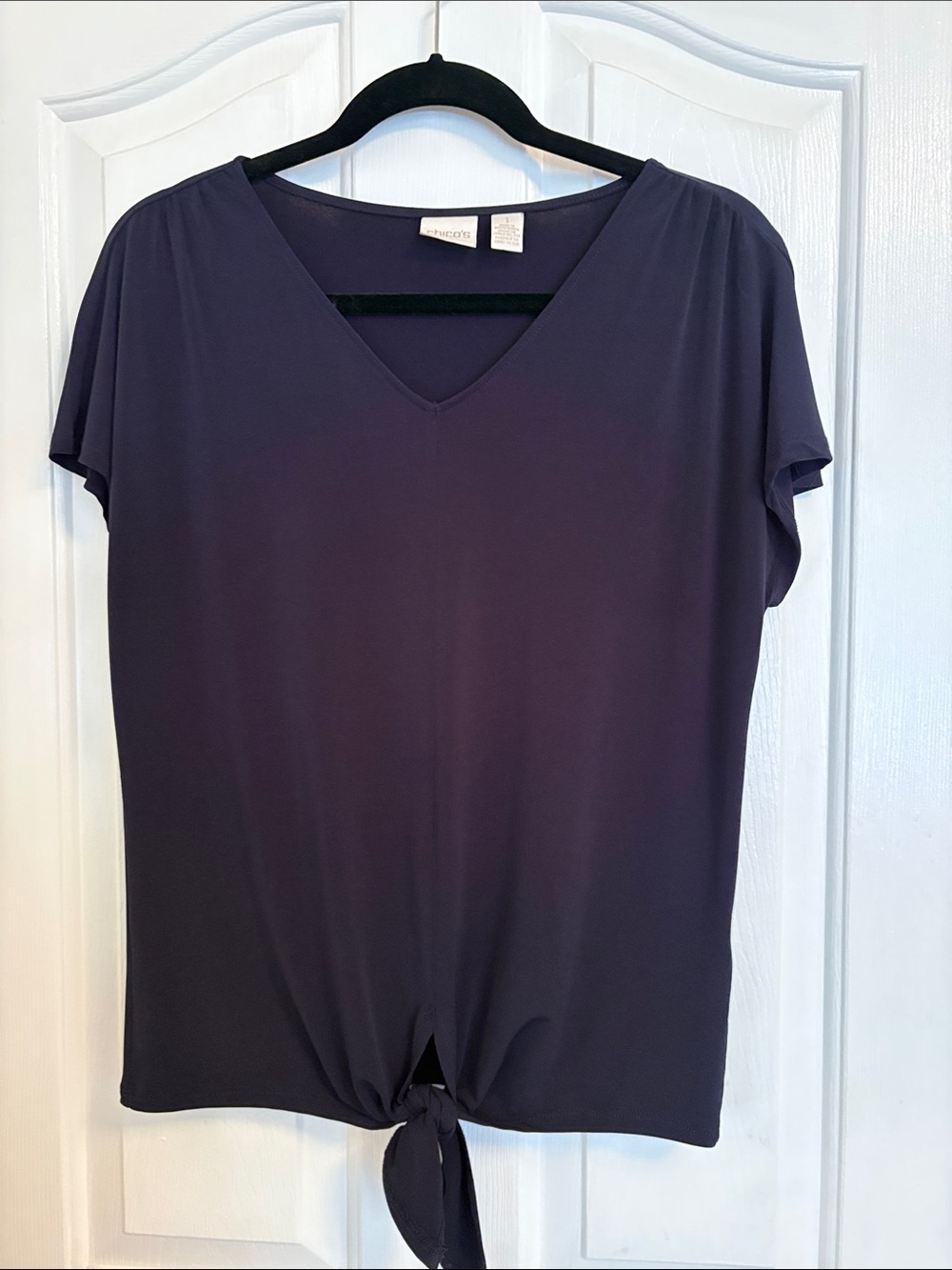 Chico's Navy V-Neck Short Sleeve Tie-Front Top